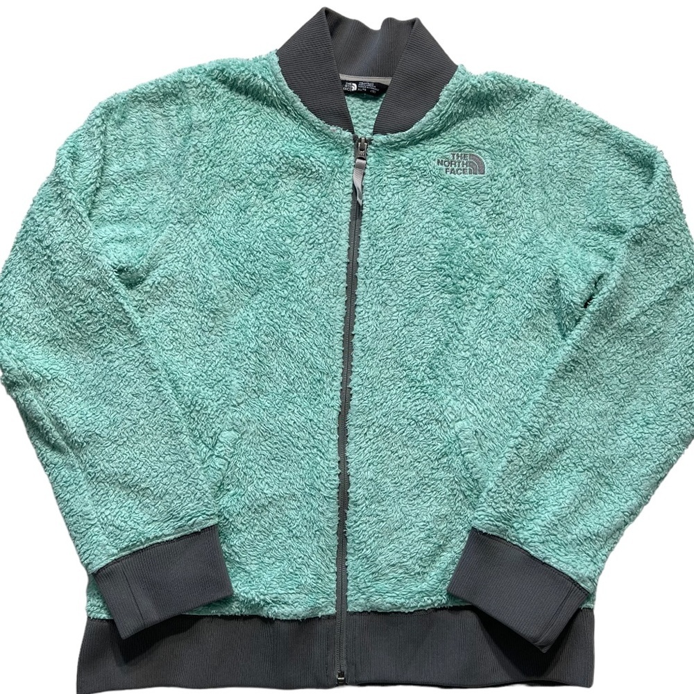 The North Face XL girls youth green fuzzy full zip jacket deep pile